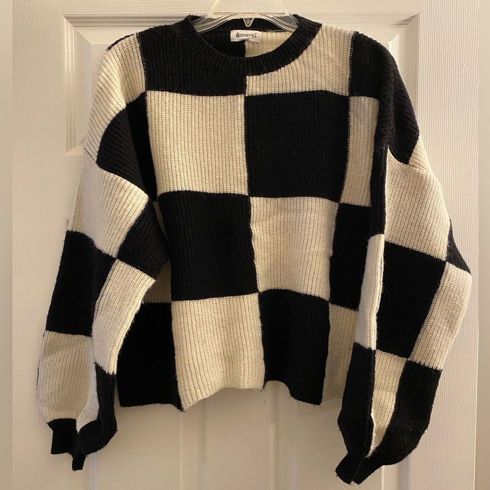 Chunky Sweater Block Checkerboard Oversized Cozy Soft Crewneck